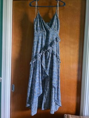 Papaya Blue Floral Ruffle High-Low Slip Dress